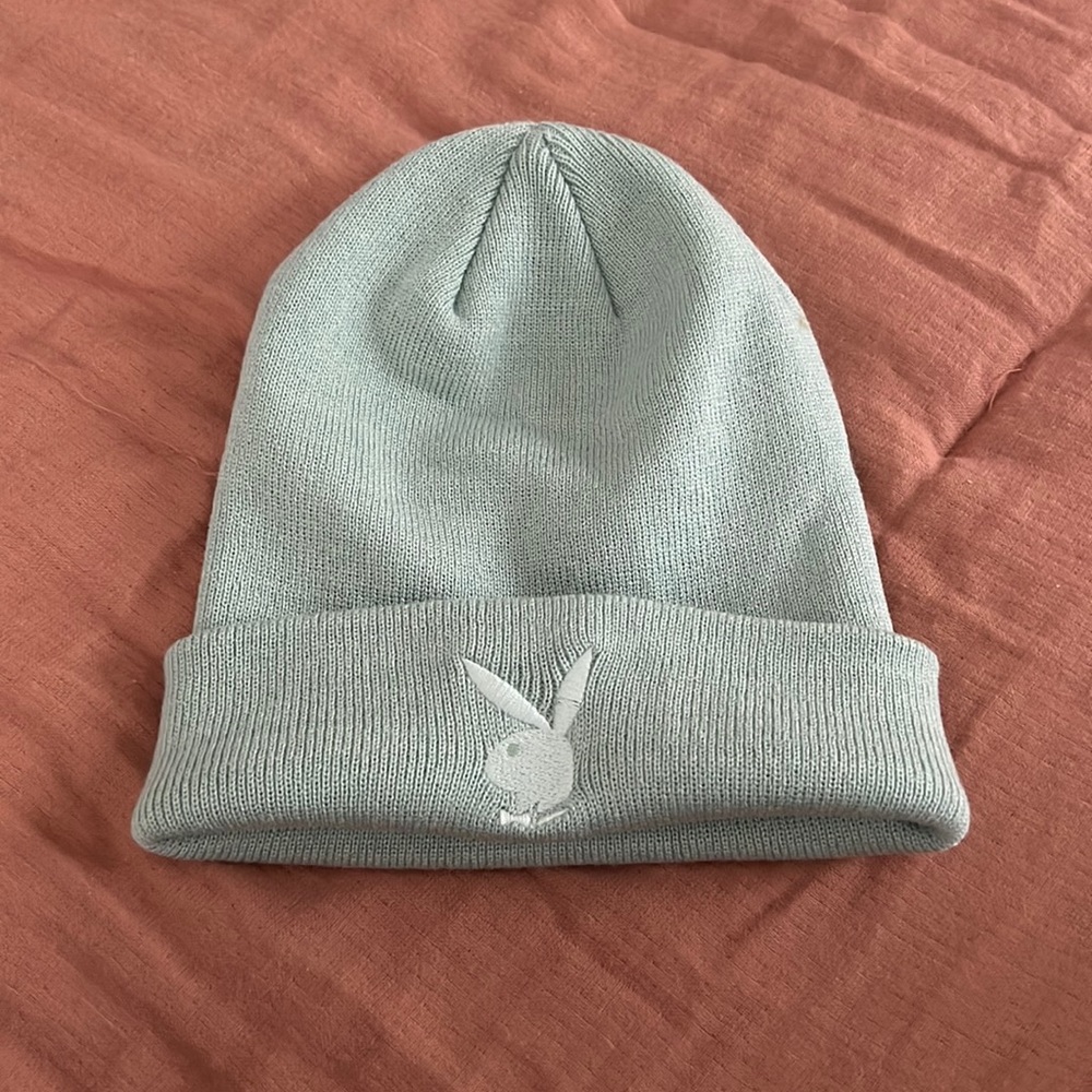 mint colored embroidered playboy beanie